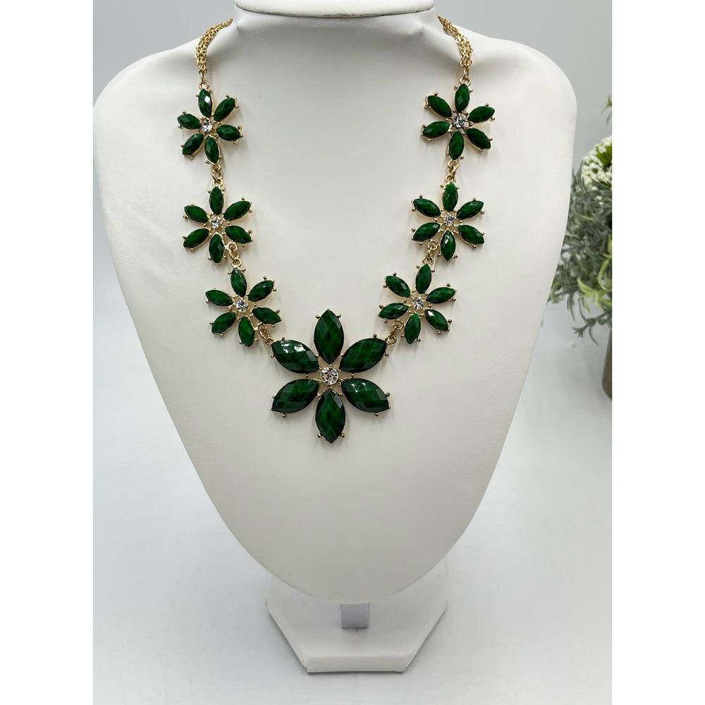 Amrita Singh Faceted Green Rhinestone Floral Gold Tone Statement Necklace